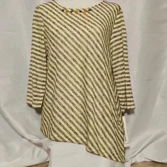 Alfred Dunner Petite NWT Womens Knit  Asymmetric Top Cream Green Gold Size PM - Picture 1 of 8